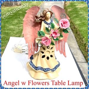 New COUNTRY ANGEL w FLOWERS Table Lamp Accent Lighting Folk Art Boho Decor